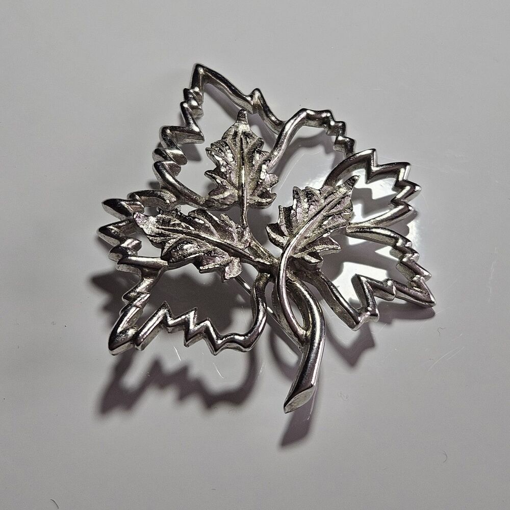 Vintage Emmons Leaf Brooch Silver Tone Large Pin Textured Design, Signed Costume
